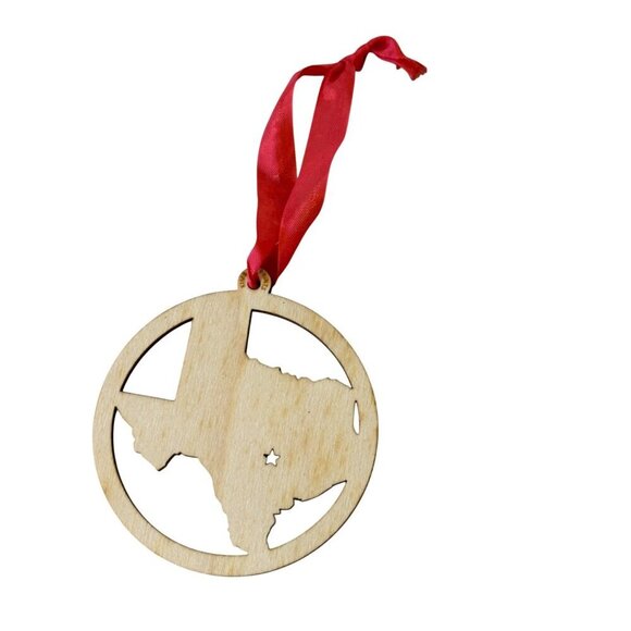 Kimball Prints Texas State Wood Ornament Laser Cut Decor Red Ribbon Holiday - Picture 2 of 6